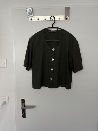 Damen Bluse kurzarm dunkelgrün/olive aus Leinen guter Zustan