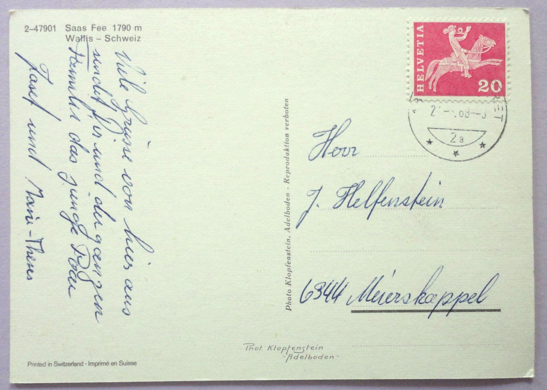 Cartoline postali: Saas Fee 1790 m, Wallis – Usato da Fétigny venduto da Billy2miny 1