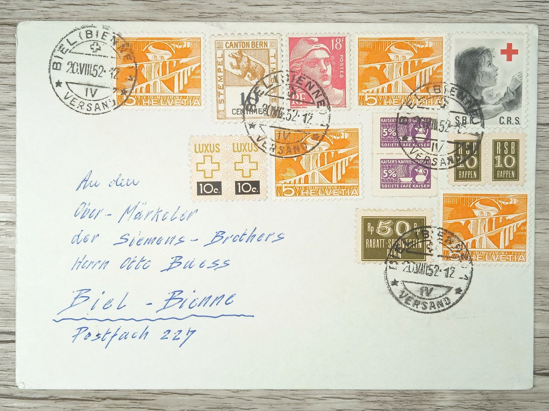Tutti i francobolli: TR10 Enveloppe + Timbre Suisse 1952 – Usato da Cousset venduto da Patrick_Collections