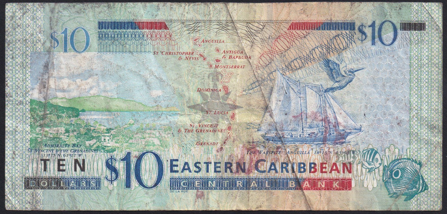 Banconote: Antigua Eastern Caribbean Staates 10 Dollars 2003 – Usato da Brugg AG venduto da banknoten_muesli 1