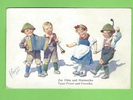 Alte Postkarte: Kinder Trachten Musik Tanz, 1916