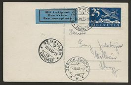1933 Flugpost Karte von Zürich n Wollerau