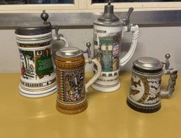 Bierkrug Zinn-Deckel Keramik verschiedene Motive 4 stk. 