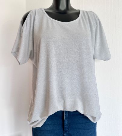TOP ☀️ Gr L 40 42 Silber Glitzer Shirt mit offenen Schultern