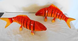 2 Deko Fische, Holz handbemalt 37cm beweglich Koi Goldfische