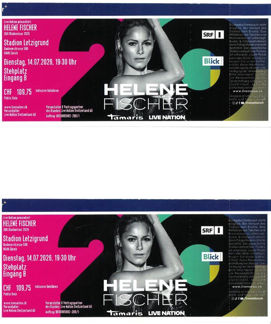 Tickets: HELENE FISCHER Stadion Letzigrund – Neu (gemäss Beschreibung) aus Fanas von Papabuba76