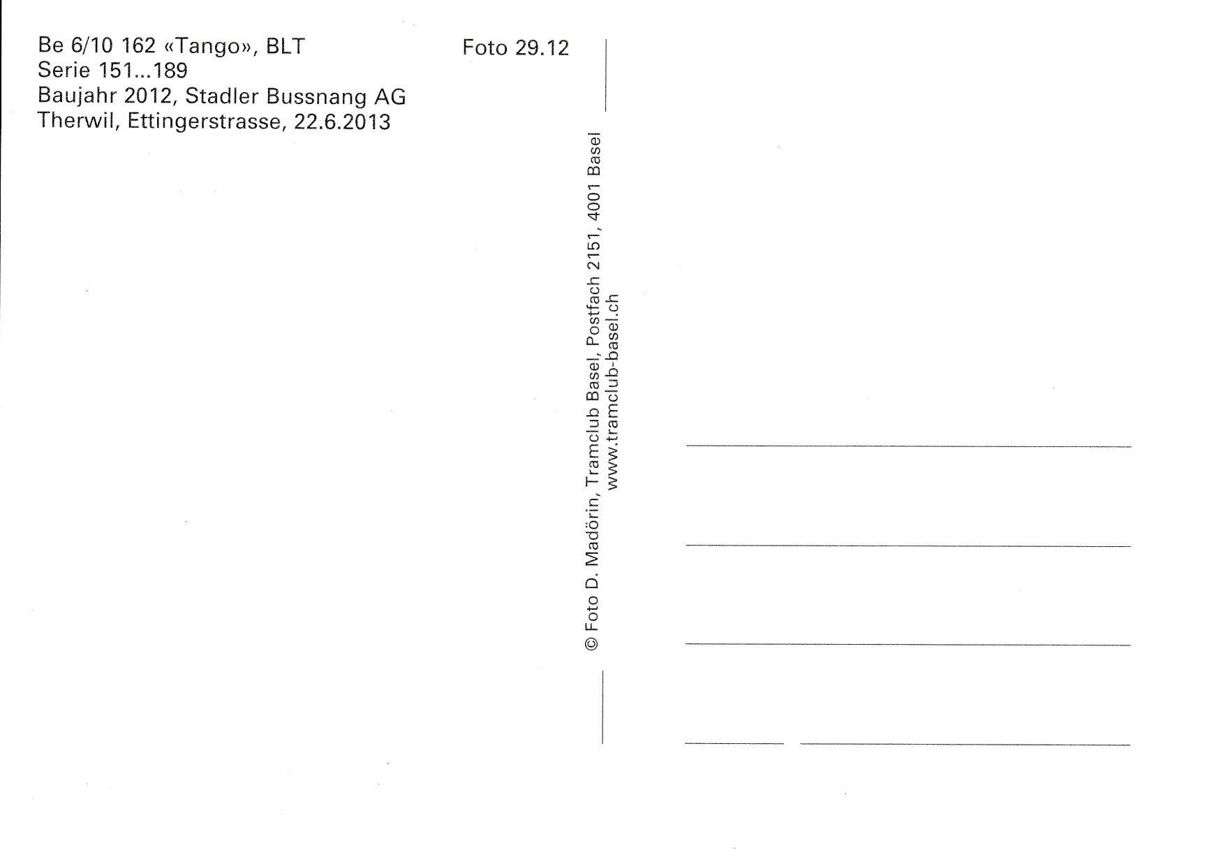 Cartoline postali: Strassenbahn Basel BLT Be 6/10 162 – Nuovo e nell'imballaggio originale da Ettingen venduto da Pantograph163 1