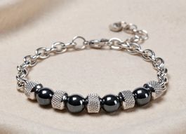 Bracciale con perle ematite e acciaio inossidabile nuovo