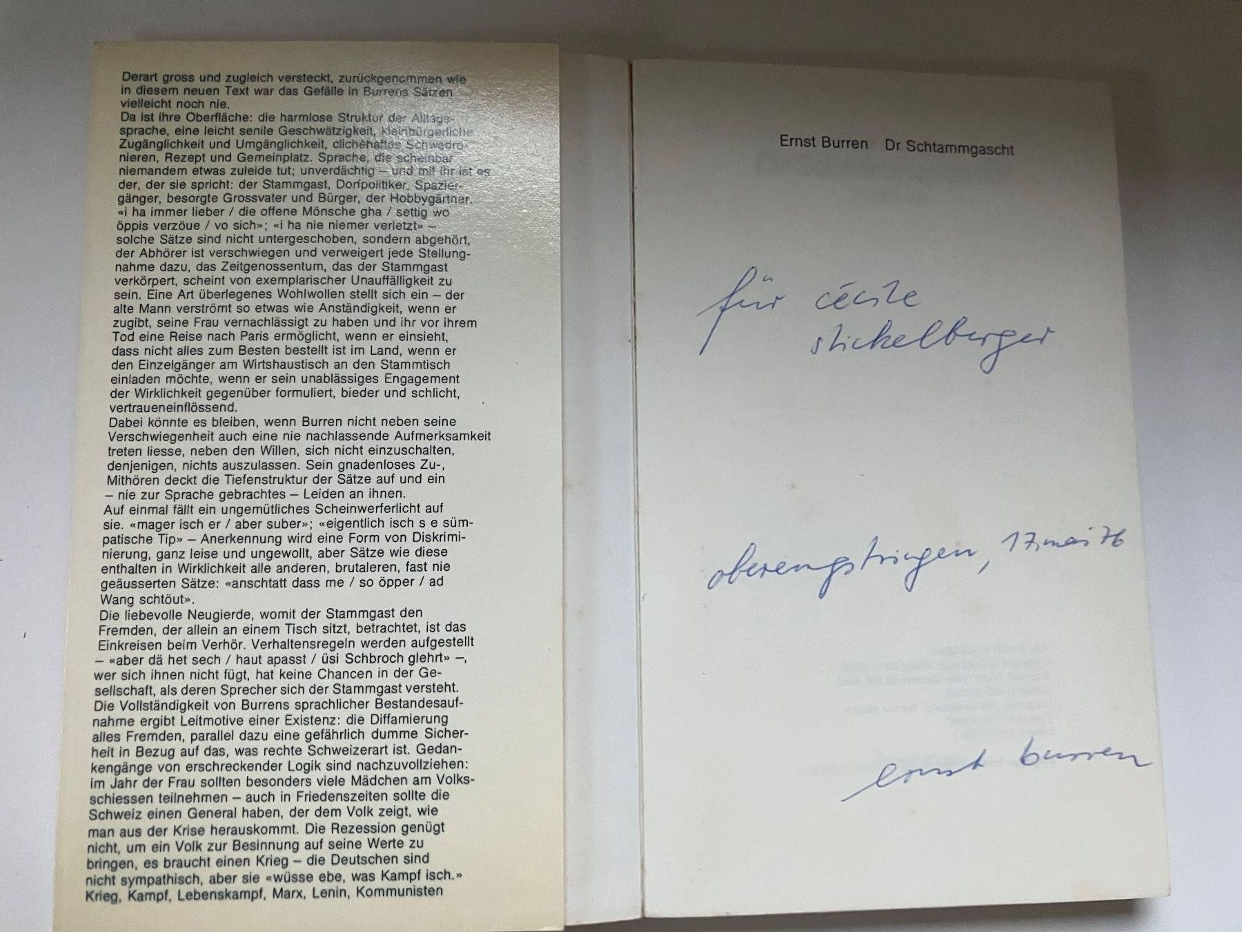Libri: Ernst Burren Dr Stammgast   Mit Widmung – Usato da ZUERICH venduto da Carolus1 1