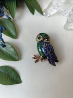 Brosche Eulen Emaille Grün Blau