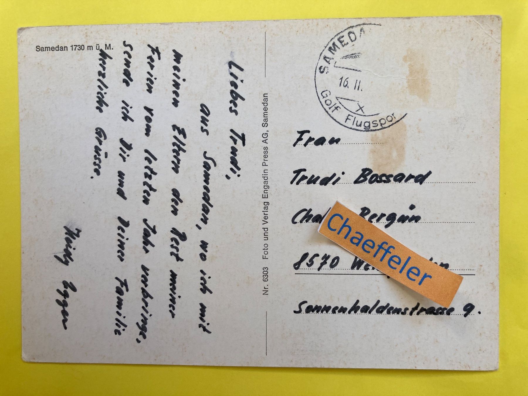Cartoline postali: Samedan – Usato da Zürich venduto da Chaeffeler 1