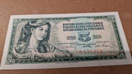 5 Dinare Jugoslawien 1968, Banknote, Sammlerstück