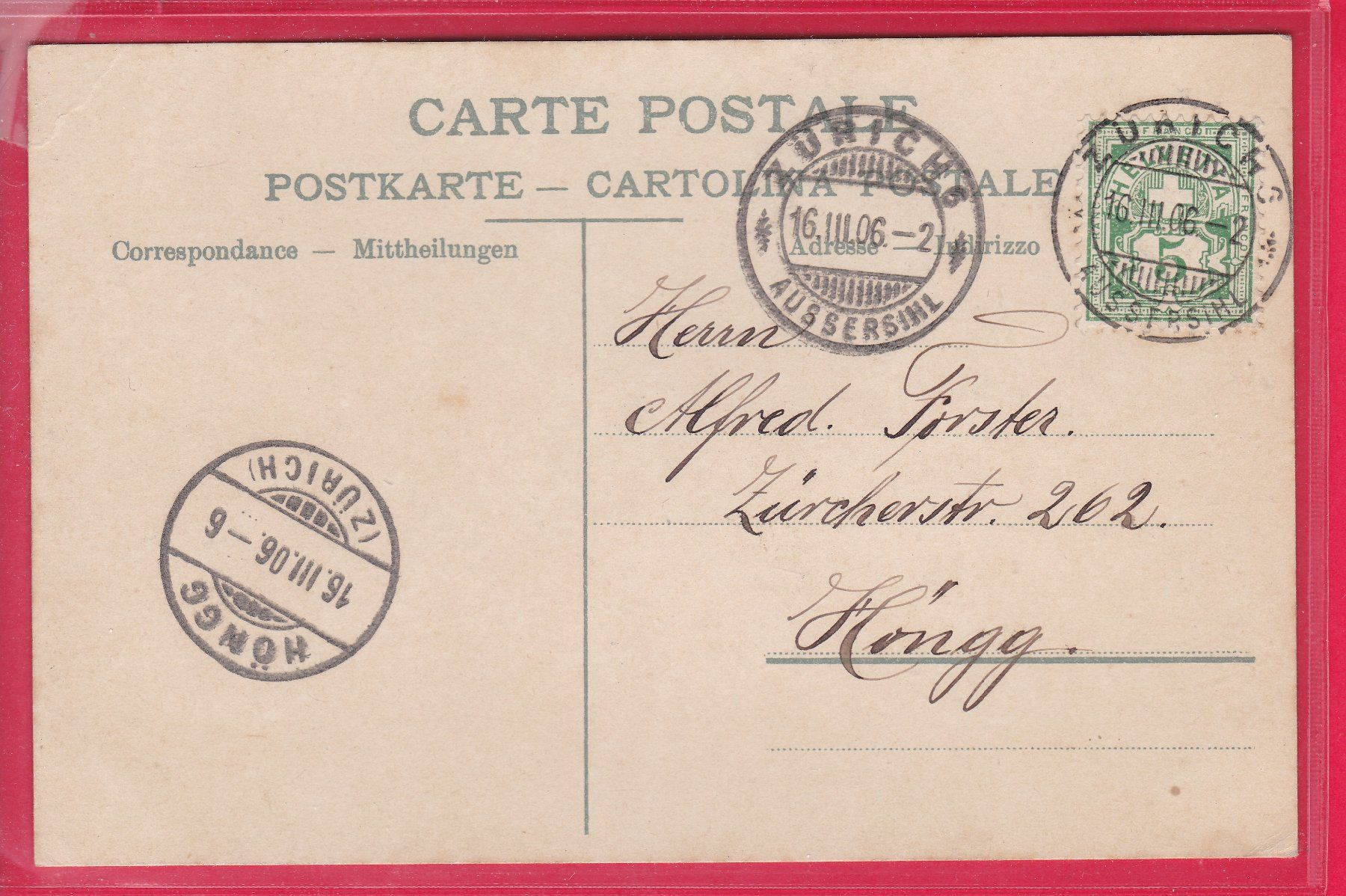 Ansichtskarten: ZÜRICH ALPENQUAI, 16.3.1906 – Gebraucht aus Oberrieden von Gebirgsstelze 1