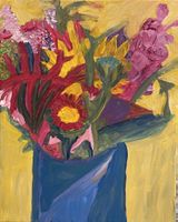 Blumenstrauss im blauen Vase Oel auf Leinwand