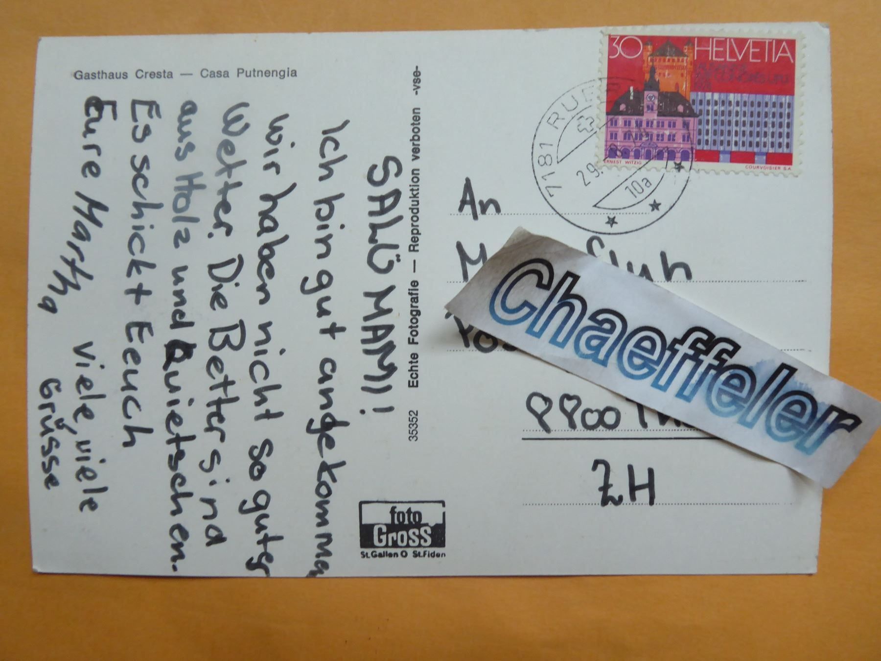 Cartoline postali: 1974 Gasthaus Cresta - Casa Putnengia – Usato da Zürich venduto da Chaeffeler 1