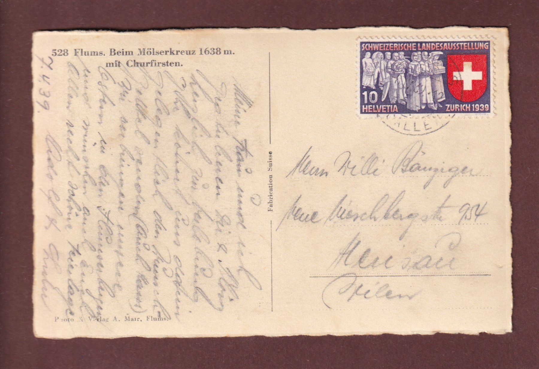Cartoline postali: Flums - Beim MÖLSERKREUZ - Churfirsten - 1939 – Usato da Pully venduto da nicecards-shop 1