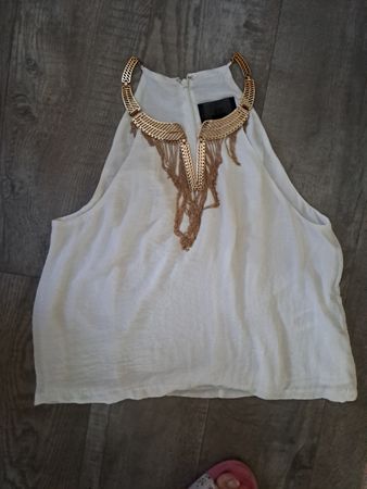 H&M Damen Oberteil Weiss Gr 42 mit Schmuck Kragen