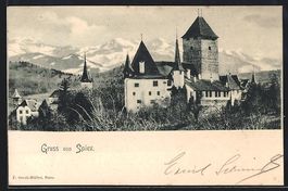 AK Spiez, Festung mit Bergpanorama, 1902