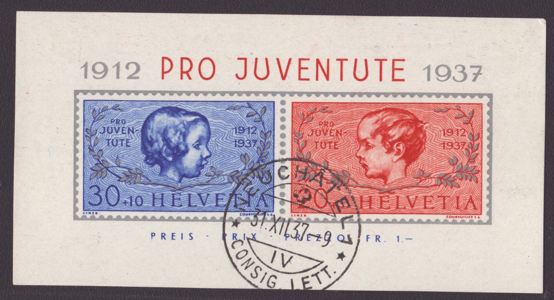 Tutti i francobolli: 1937 Pro Juventute bloc obl. NEUCHATEL – Usato da Delémont venduto da Silte
