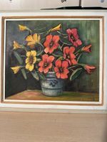 Peinture à l'huile vintage, sur bois  fleurs vibrantes