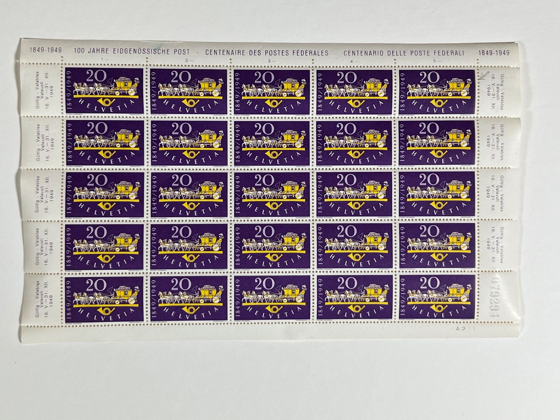 Tutti i francobolli: Briefmarke 1949 Bogen eidgenössische Post mit Abart – Usato da Wollerau venduto da Sammler-Ecke