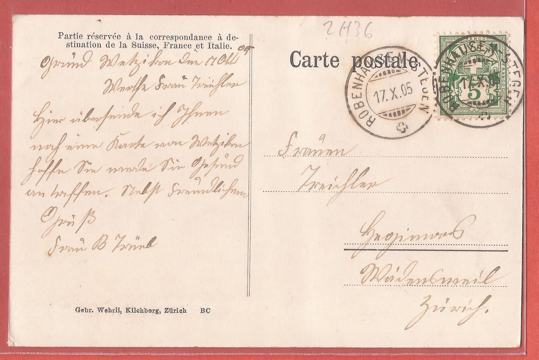 Cartoline postali: Wetzikon - Ober-Wetzikon - 1905 – Usato da Fislisbach venduto da Porano 1