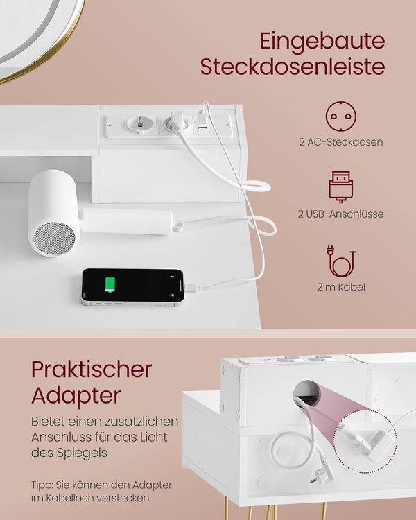 Schminktisch mit Spiegel und Beleuchtung Mattweiss LUMIVIA 5
