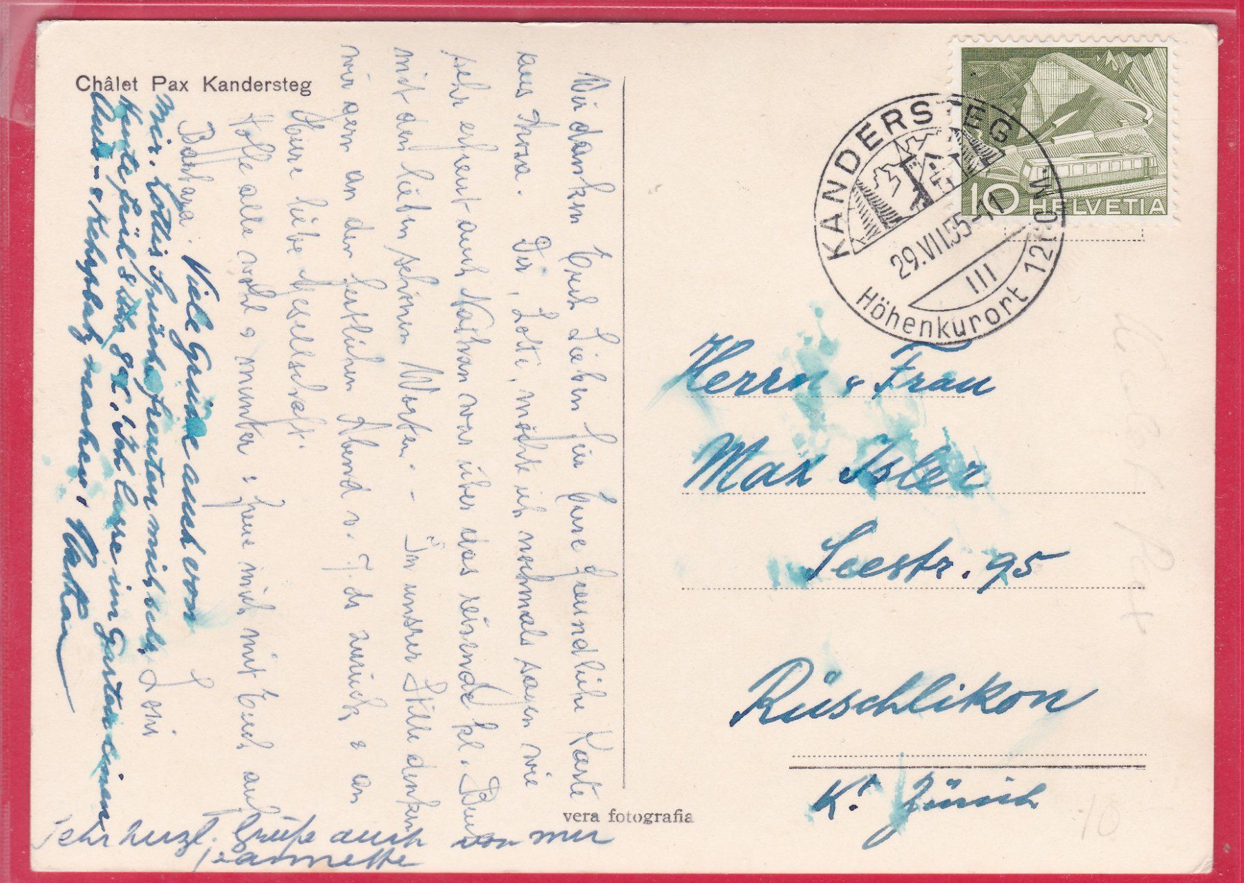 Cartoline postali: CHALET PAX KANDERSTEG, 29.7.1955 – Usato da Oberrieden venduto da Gebirgsstelze 1