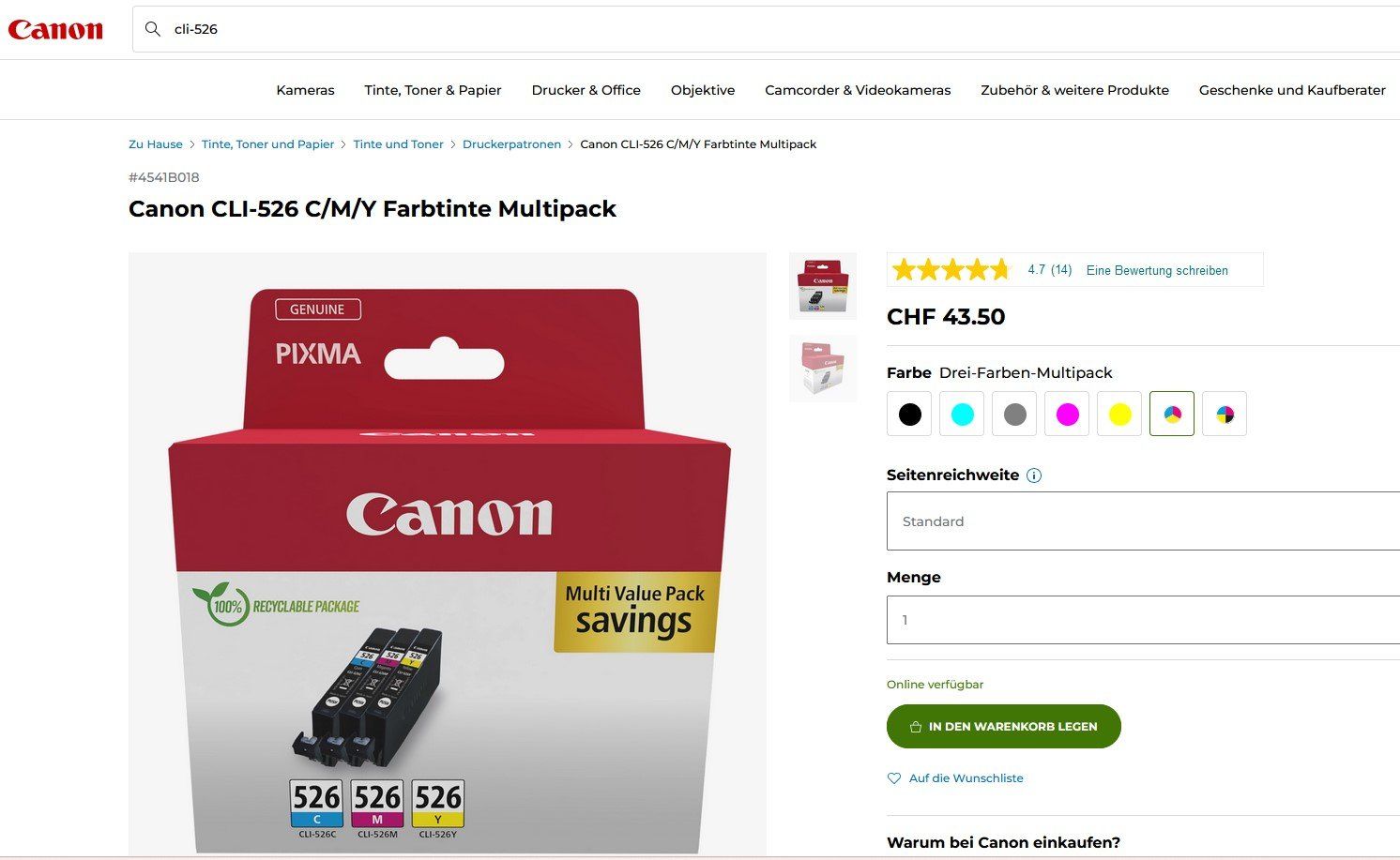 Canon Cartouches & Toner: Canon CLI-526BK + CLI-526C + CLI-526M + CLI-526Y Patronen – Neuf avec emballage d'origine à Glattbrugg par copytron 1