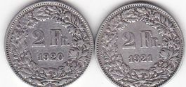 2 Stück alte Silber-2Franken 1920 und 1921