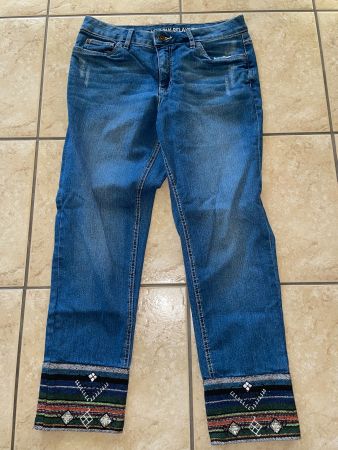 Damen Jeans blau mit Stickerei am Saum Slim Fit, 7/8.