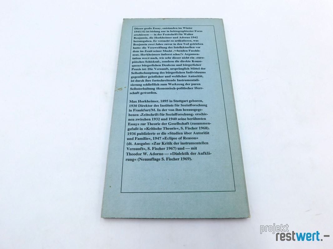 Bücher: Vernunft und Selbsterhaltung von MAX HORKHEIMER – Gebraucht aus Bülach von restwert_buelach 1