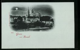 Mondschein-AK Basel, Ortspartie mit Kirc