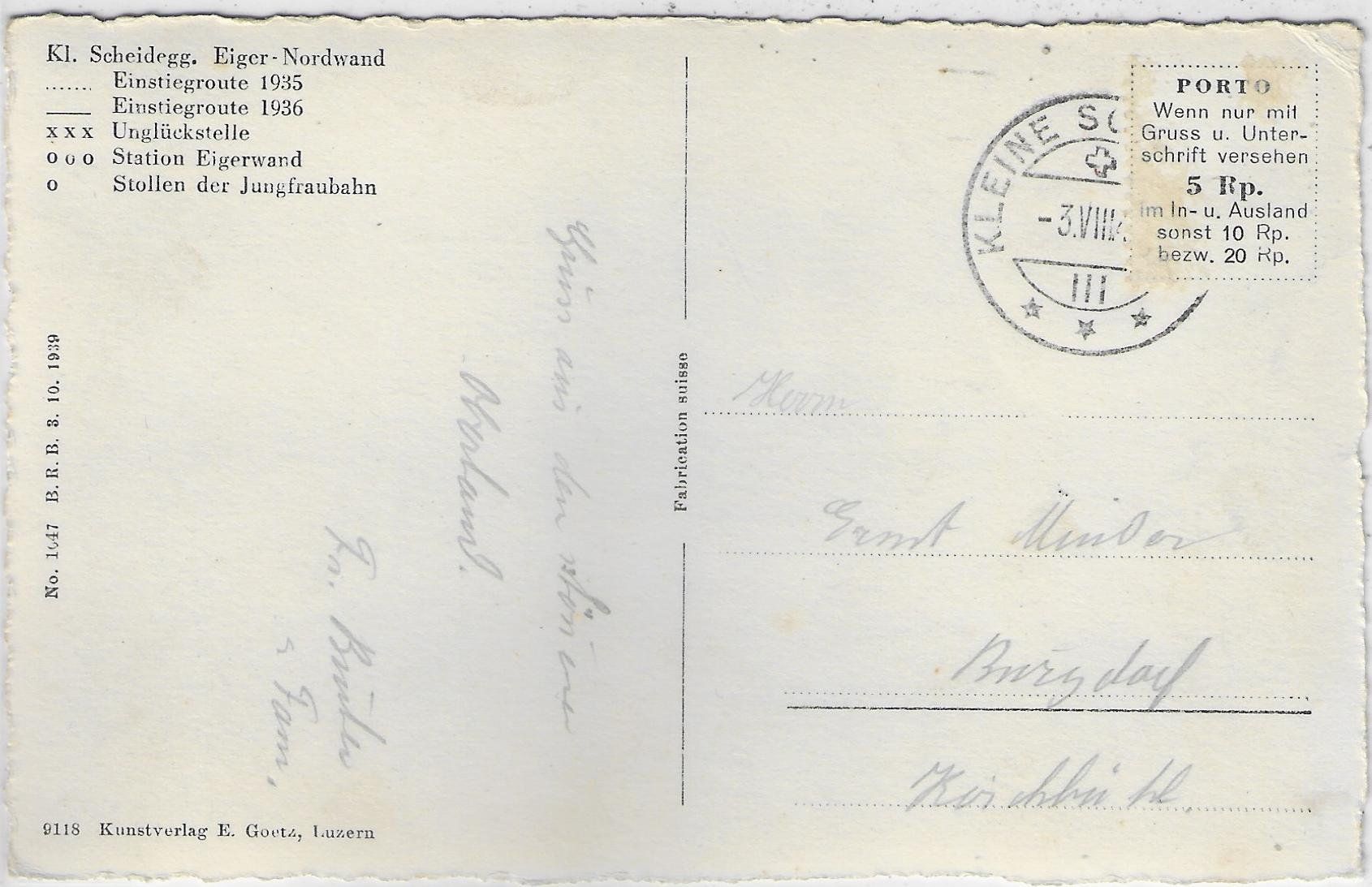 Cartoline postali: Kl. Scheidegg - Eiger-Nordwand mit Kletterrouten – Difettoso da Ettingen venduto da Kartenplanet 1