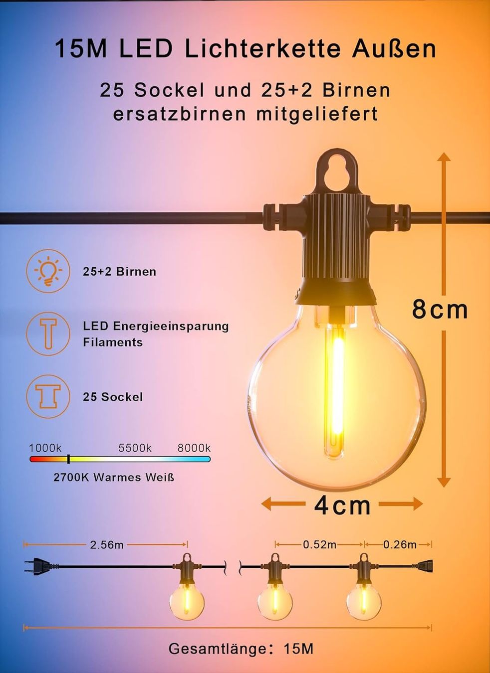 Lichterketten & Leisten: GLÜHBIRNEN LED LICHTERKETTE AUSSEN - 15 METER - 25+2 BIRNEN – Neu und originalverpackt aus Kriens von swissgadget 2