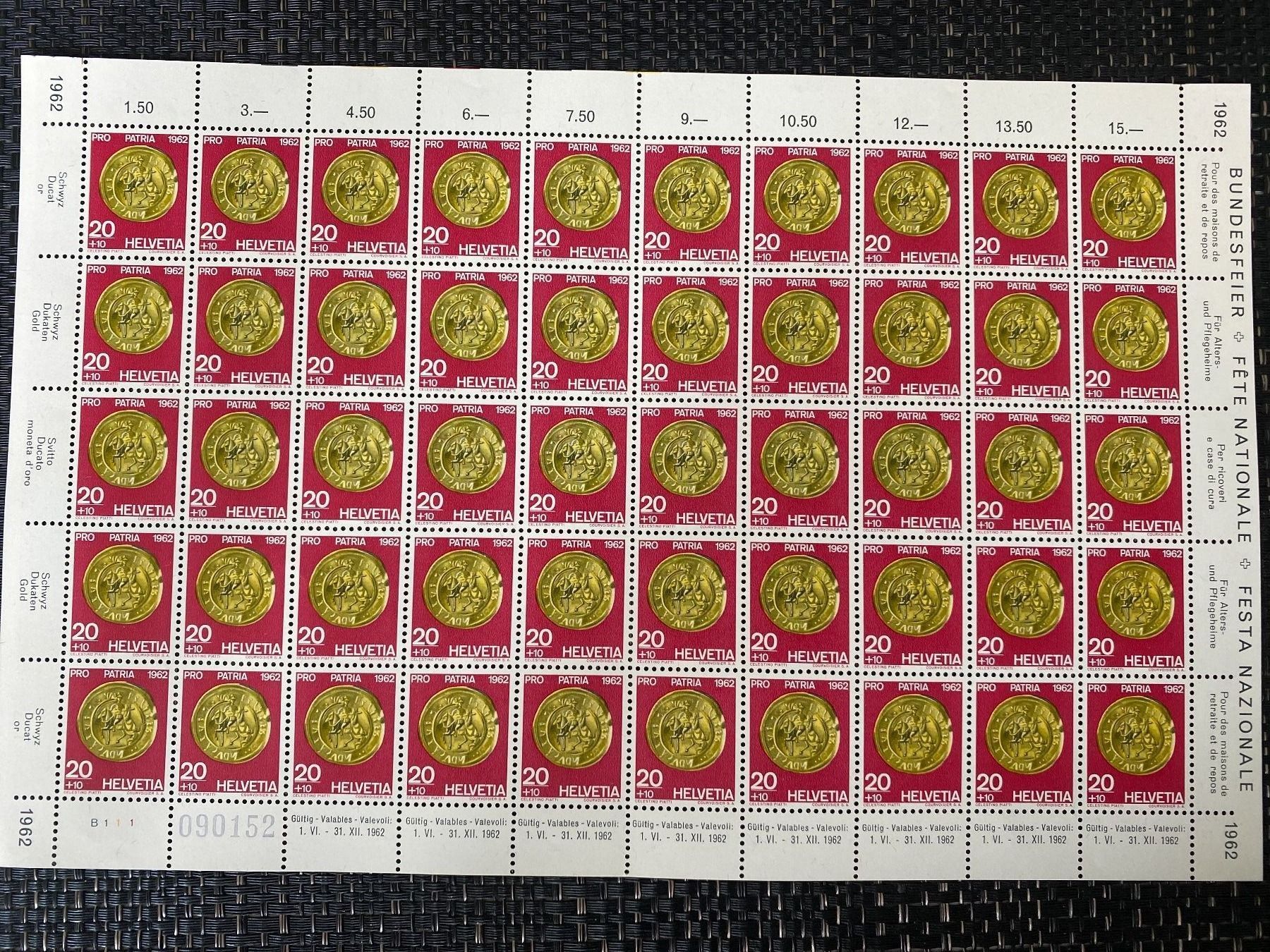 Alle Briefmarken: 1962 Pro Patria Bogen Nr. 110 Frankaturware postfrisch ** – Neu (gemäss Beschreibung) aus Wil SG von Chefsugus