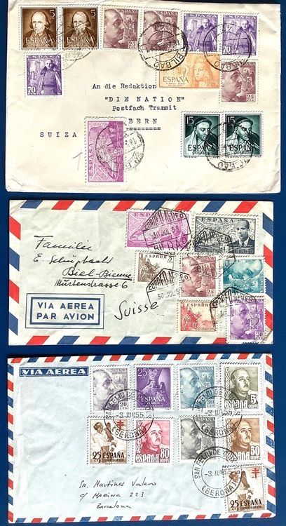 Tutti i francobolli: 1953-55 / 3 Spanien Briefe /2 x Flugpost – Usato da Liestal venduto da Skunk02