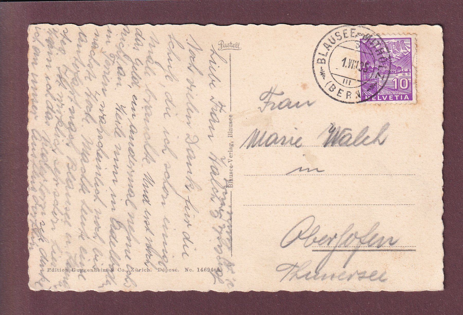 Cartoline postali: BLAUSEE an der Lötschbergroute - 1935 – Usato da Pully venduto da nicecards 1