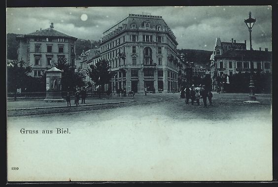 Cartoline postali: Mondschein-AK Biel, Strasseneck mit Haus – Usato da Berlin venduto da bartko-reher