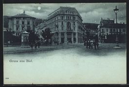 Mondschein-AK Biel, Strasseneck mit Haus