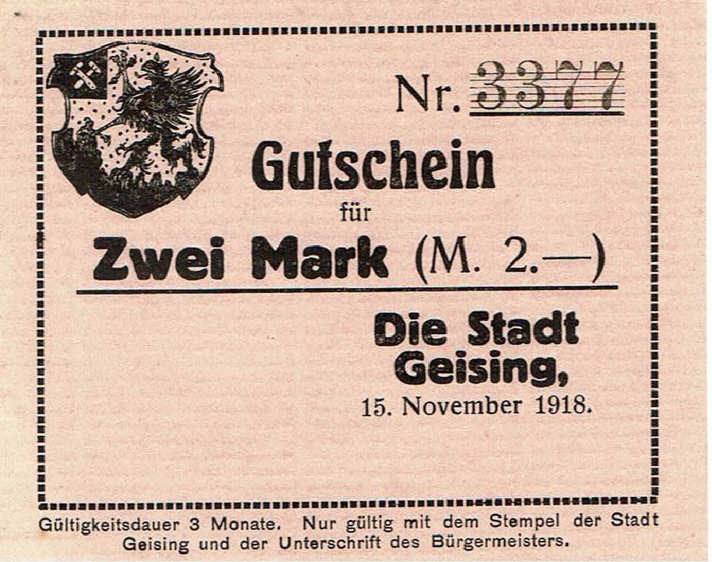 Banconote: Geising 2 Mark 15.11.1918 VZ+-VZ++ – Usato da Steffisburg venduto da ber_8htf