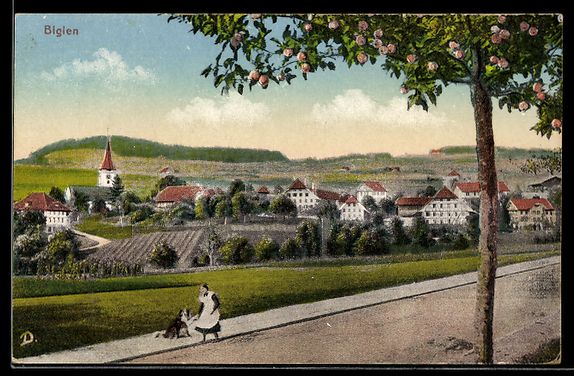 Cartoline postali: AK Biglen, Ortsansicht mit Kirche und Obstbaum – Usato da Berlin venduto da bartko-reher
