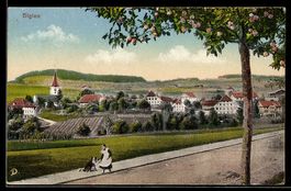 AK Biglen, Ortsansicht mit Kirche und Obstbaum