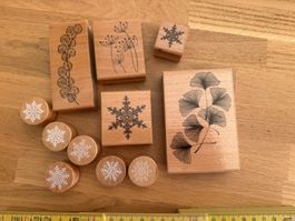 11 Holzstempel – 5 Newstamps + 6 Schneeflocken – wie neu
