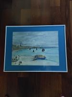 Aquarellierte Seelandschaft mit Booten gerahmt von R. Lüthi