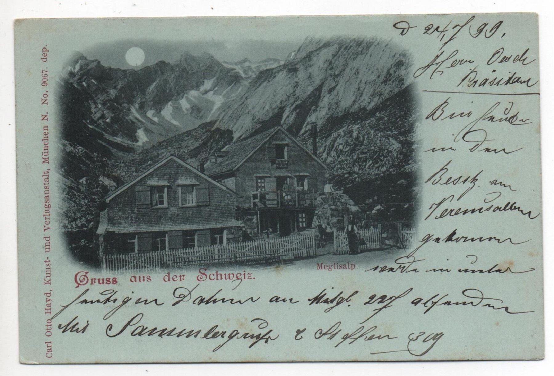 Cartoline postali: Gruss a. d. Schweiz MEGLISALP Mondschein – Usato da Jona venduto da philajona