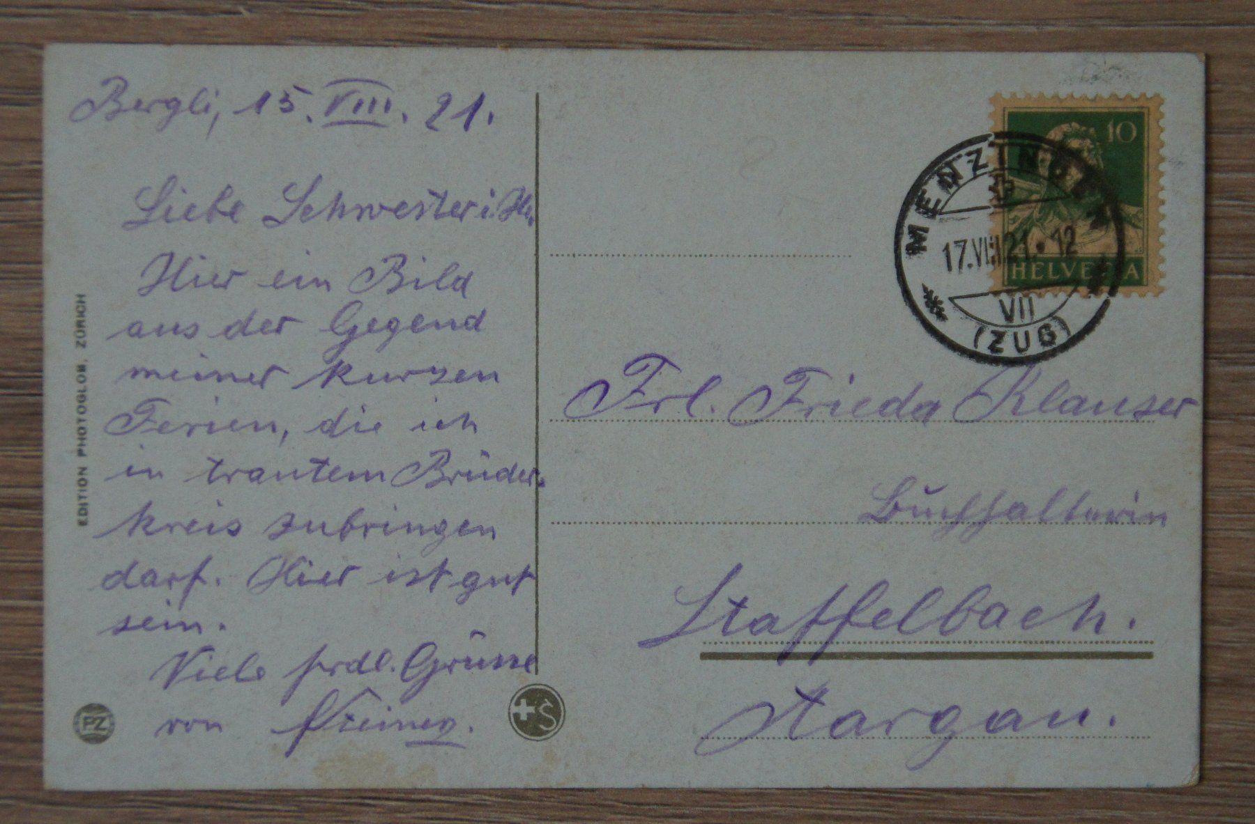 Cartoline postali: Kurlandschaft Menzingen, 1921 – Usato da St. Margrethen SG venduto da maege07 1