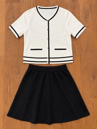 Damen Set Cardigan Top Rock Schwarz Weiss Grösse S
