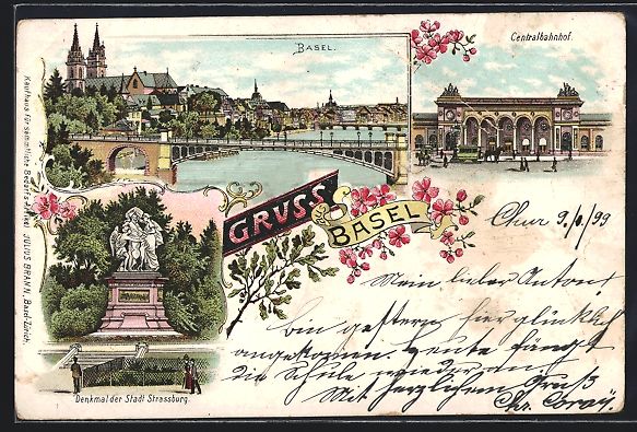 Cartoline postali: Litho Basel, Ortsansicht mit Rheinbrück – Usato da Berlin venduto da bartko-reher