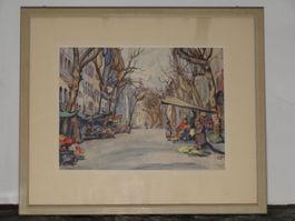 Original Aquarell "Blumenmarkt Toulon" H. L. Miescher 1935